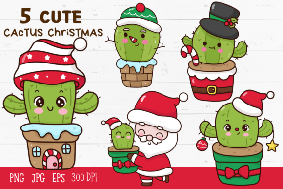 Cactus Christmas Cartoon Kawaii Clipart for Festive Designs