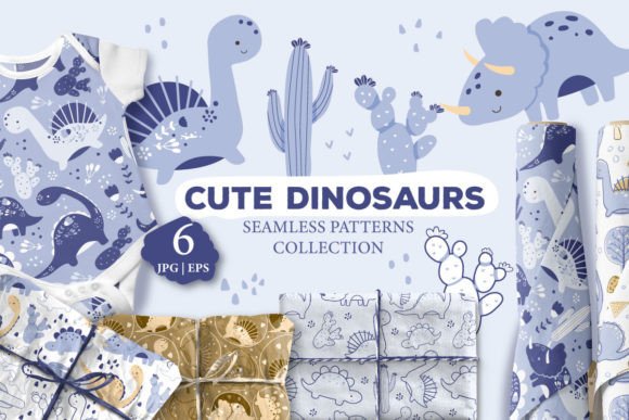 Cute Dinosaurs Seamless Pattern Set